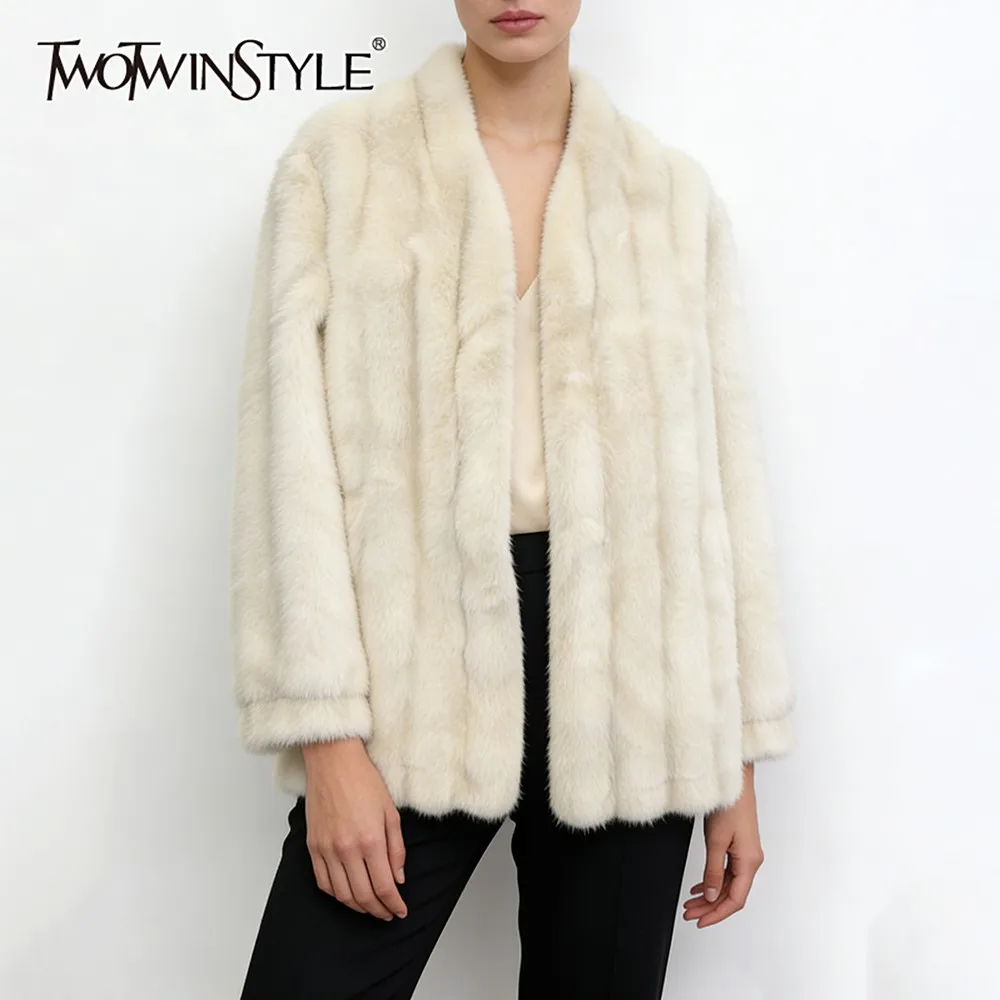 

TWOTWINSTYLE Solid Spliced Fur Minimalist Jacket Female V Neck Long Sleeve Loose Casual Lazy Women's Jackets Autumn Fashion New