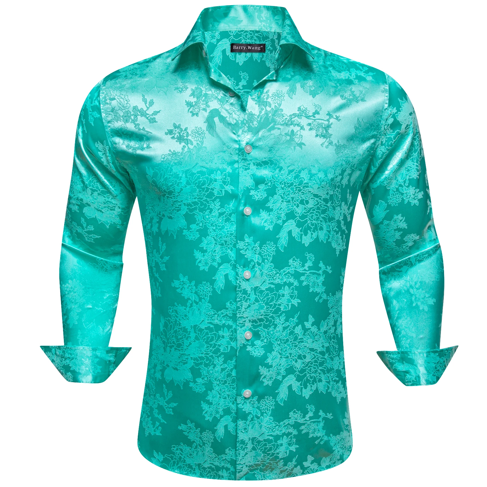 

Luxury Shirts for Men Silk Satin Long Sleeve Green Blue Flower Male Blouses Casual Lapel Tops Breathable Streetwear Barry Wang