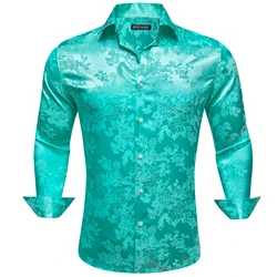 Camisa masculina de cetim de seda manga longa, blusas florais masculinas, tops casuais de lapela, streetwear respirável verde e azul, Barry Wang, luxo