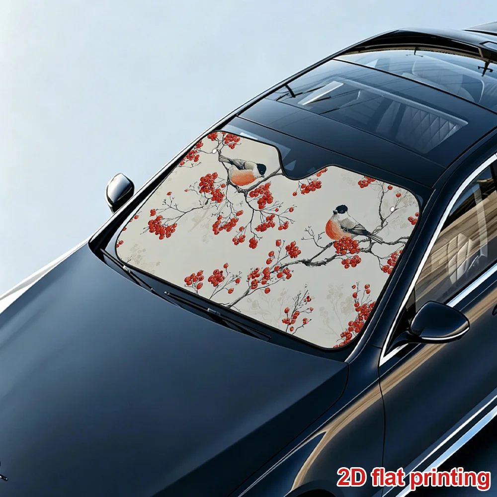 Bird Branch Red Berry Art Pattern Car Sunshade Roller Shutter Closure Design Sunshade Strap Suitable for Front Windshield