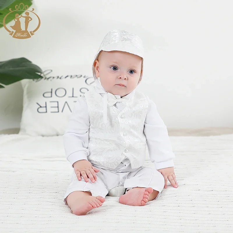 White Baby Boy Clothes Set Baptism Outfits Solid Full Sleeve Jacquard Suit Lace Christening Gown Newborn Gentleman Birthday Gift