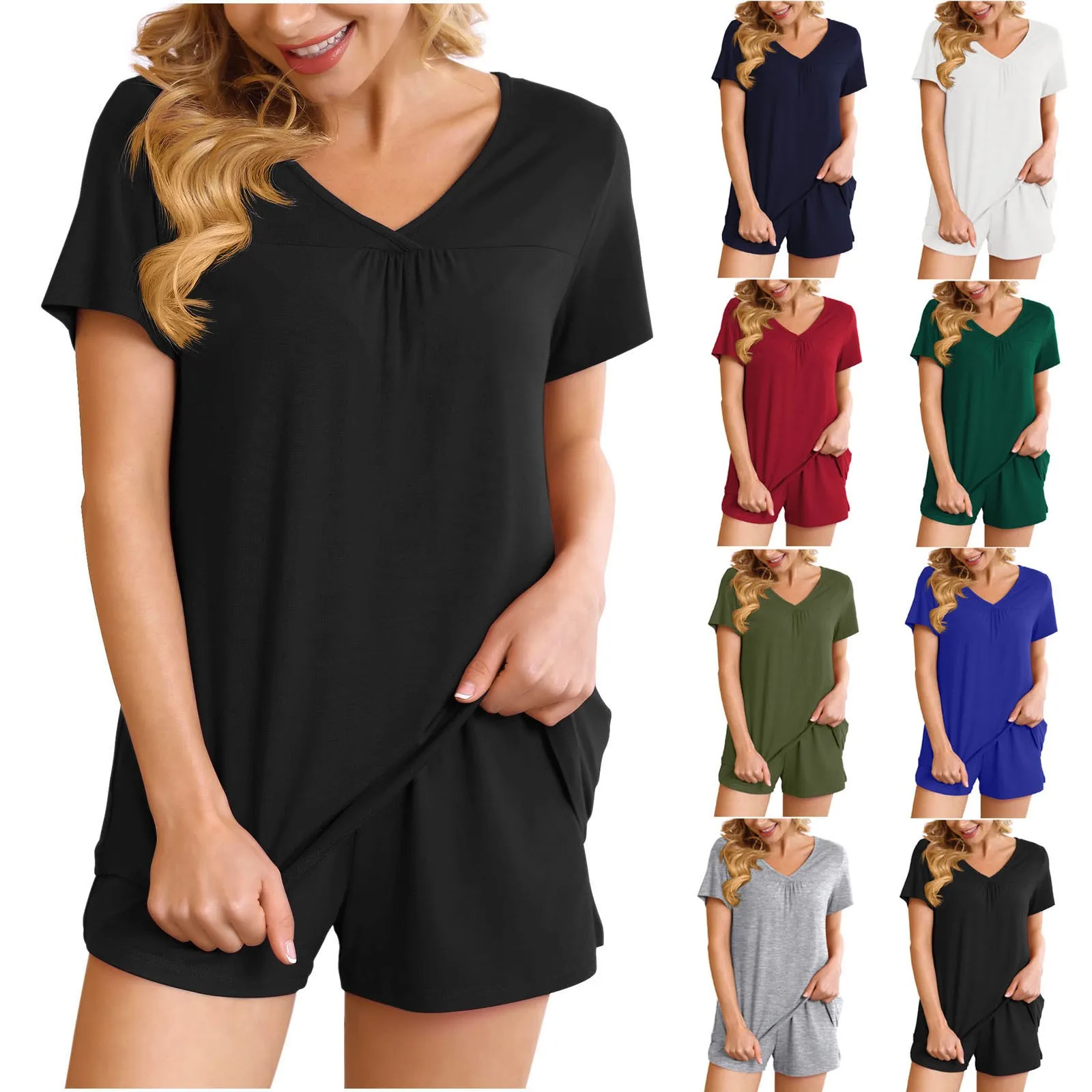 Soft Two Piece Solid Color Basics Pajama Set Short Sleeve V-neck Top And Shorts Fashion Casual And Versatile Nightwear For Women