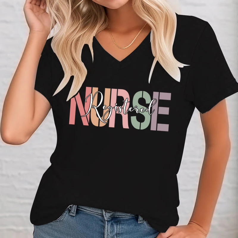 Shirts for Women Registered Nurse Printed Women Clothing V-Neck National Nurses T-shirts Short Sleeve Women T-Shirts Clothing