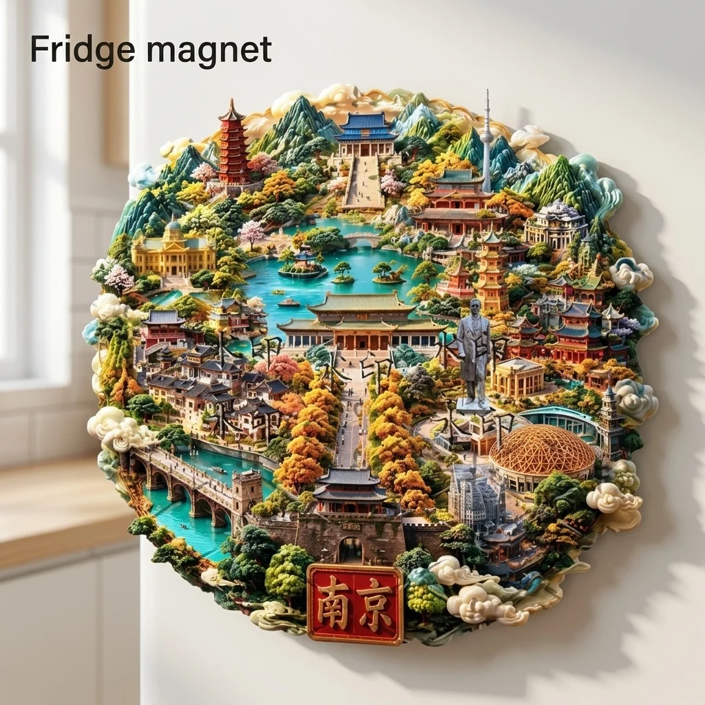 Embossed Metal Magnetic Fridge Magnet Nanjing China, Landmarks Souvenir: Sun Yat-sen Mausoleum, Qinhuai River, Zifeng Tower Gift