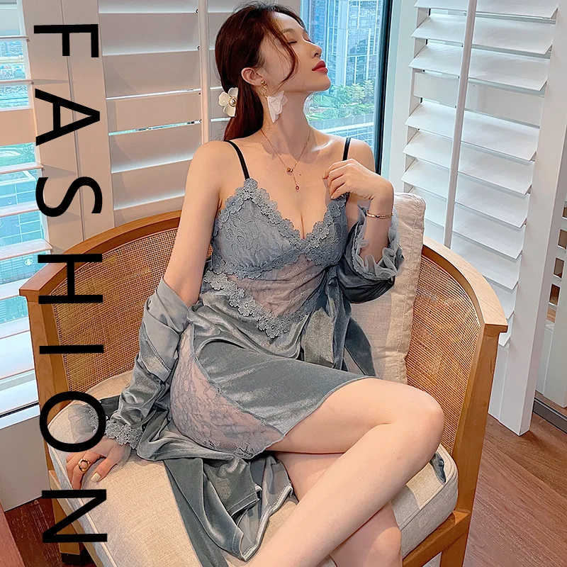 

Golden velvet pajamas women's autumn and winter Korean version long-sleeved nightgown set winter sexy lace suspender nightdress