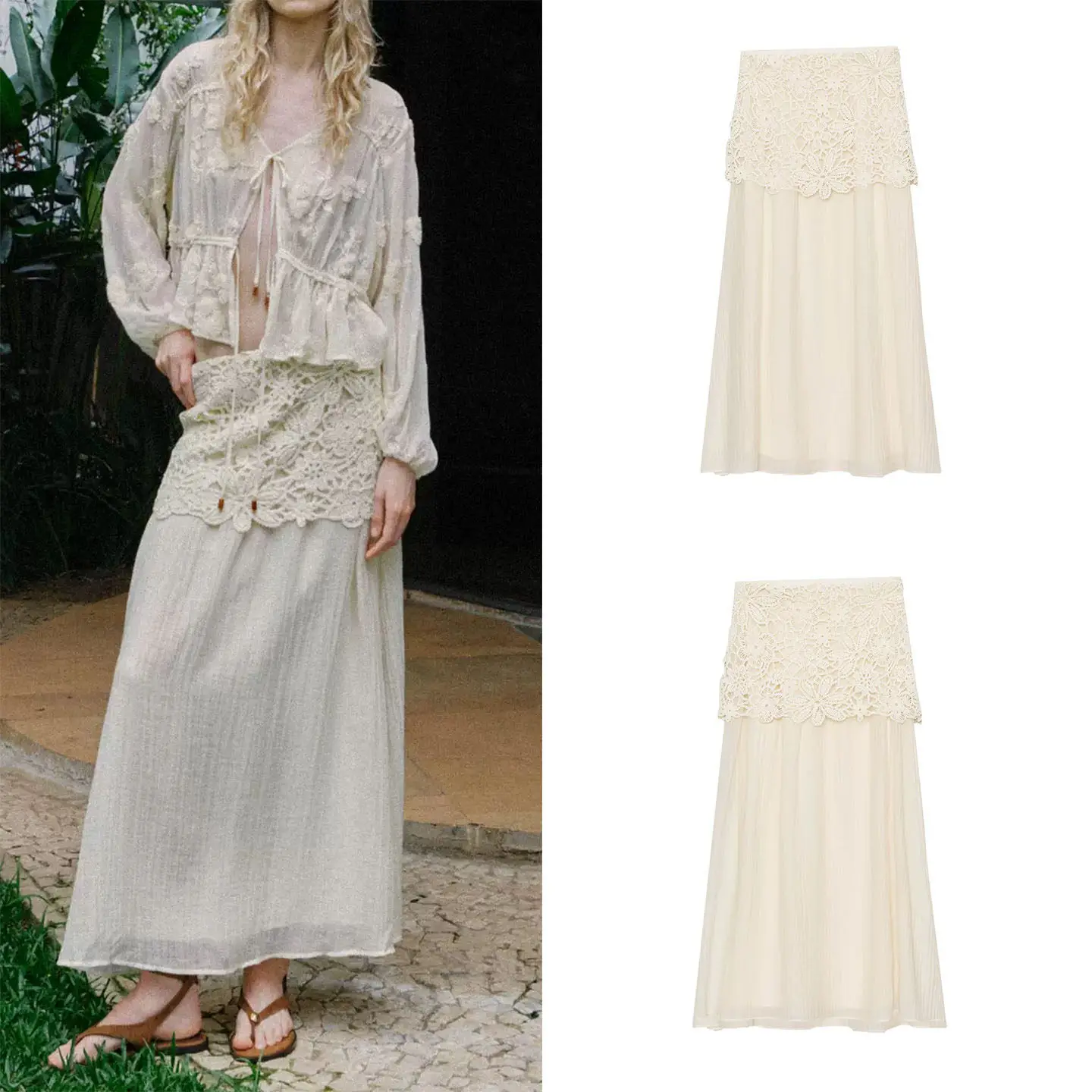 

Casual Lace Hook Needle Splicing Midi Half Skirt Women's Summer New Style A-Line Skirt Standard Version Midi Skirts