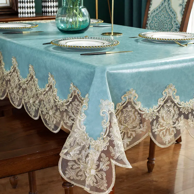 European Waterproof Table Cloth Rectangle for Dining Table with Lace PU Leather Round Square Coffee Table Cover Non-slip Elegant