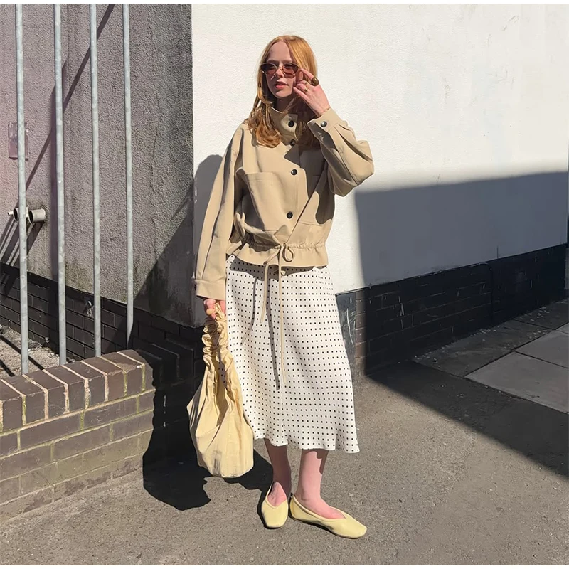 Suninheart Women's Beige Short Trench Coat Stand Collar Drawstring Lightweight Oversized Jacket Autumn Casual Urban Chic Jacket