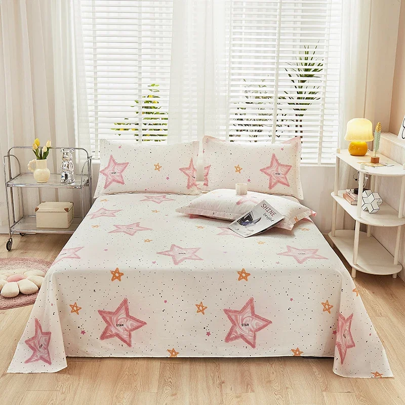 Pink Star Flat Sheet, Soft Cartoon Bed Sheet Set Cotton Romantic Galaxy Starry Sky Bed Cover with 2 Pillowcase Single Queen Size