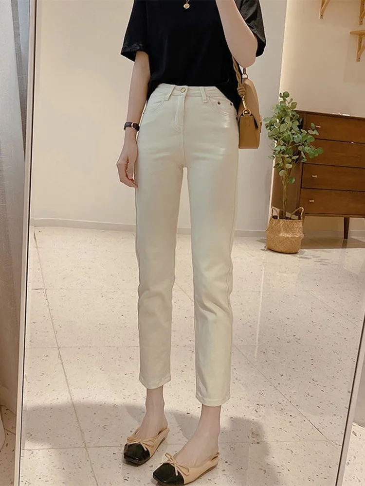 

High Waist Slim Straight Jeans Women's Light Beige Summer Thin Nine Point ing Pants Casual Sle Loose Fit Blue Denim