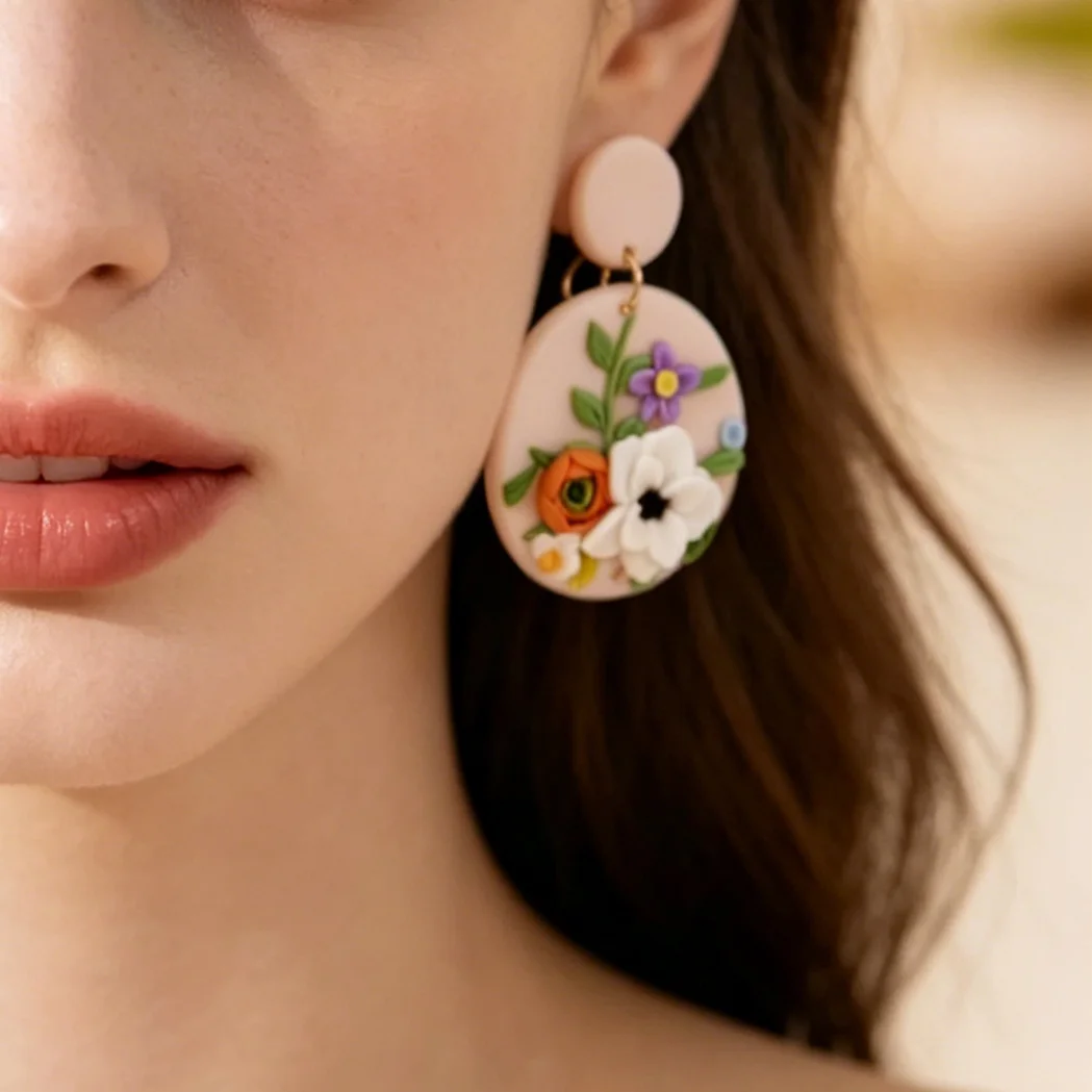 Vintage Artsy Colorful 3D Flower Polymer Clay Earrings Handmade Geometric round Floral Dangle Unique Gift for Spring Summer