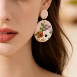 Vintage Artsy Colorful 3D Flower Polymer Clay Earrings Handmade Geometric round Floral Dangle Unique Gift for Spring Summer