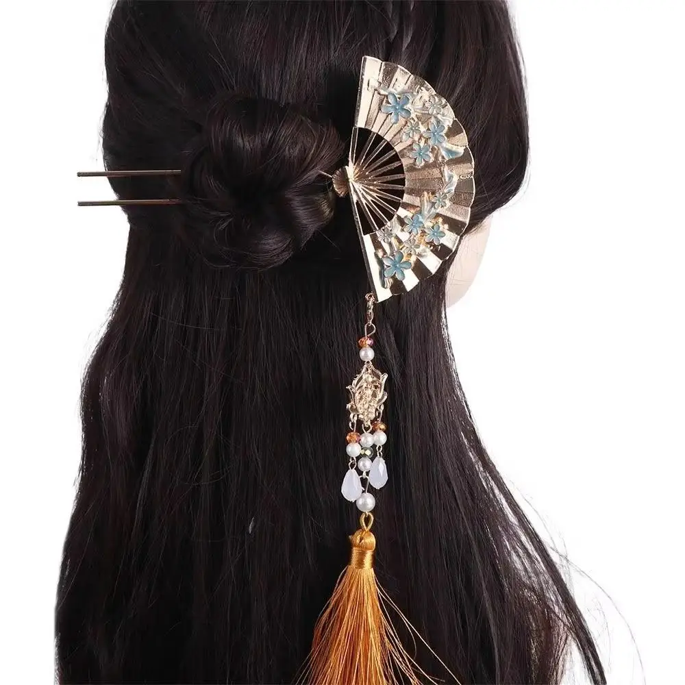 Stylish Fan Shape Tassel Hairpin Alloy Pearl Accent Hair Stick Neo-Chinese Styl Retro Pearl Fringe Hairpin Wedding Occasion