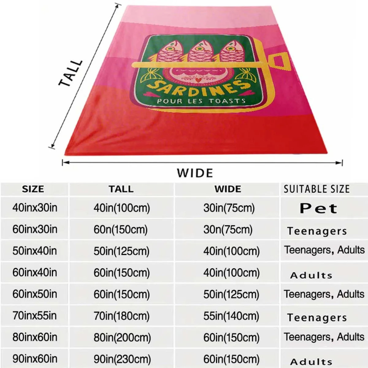 Pink Gradient Retro Sardine Tin Box Cartoon Fish French Letter Print Flannel Blanket Soft for Bedroom Cute Trendy Home Warm