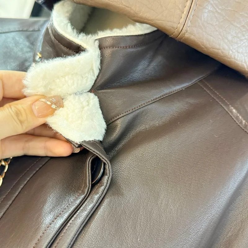 High End Fashion Trend Leather Jacket For Women In Winter 2025, New Warm, Thick, Waist Cinching, Slimming Stand Up Collar