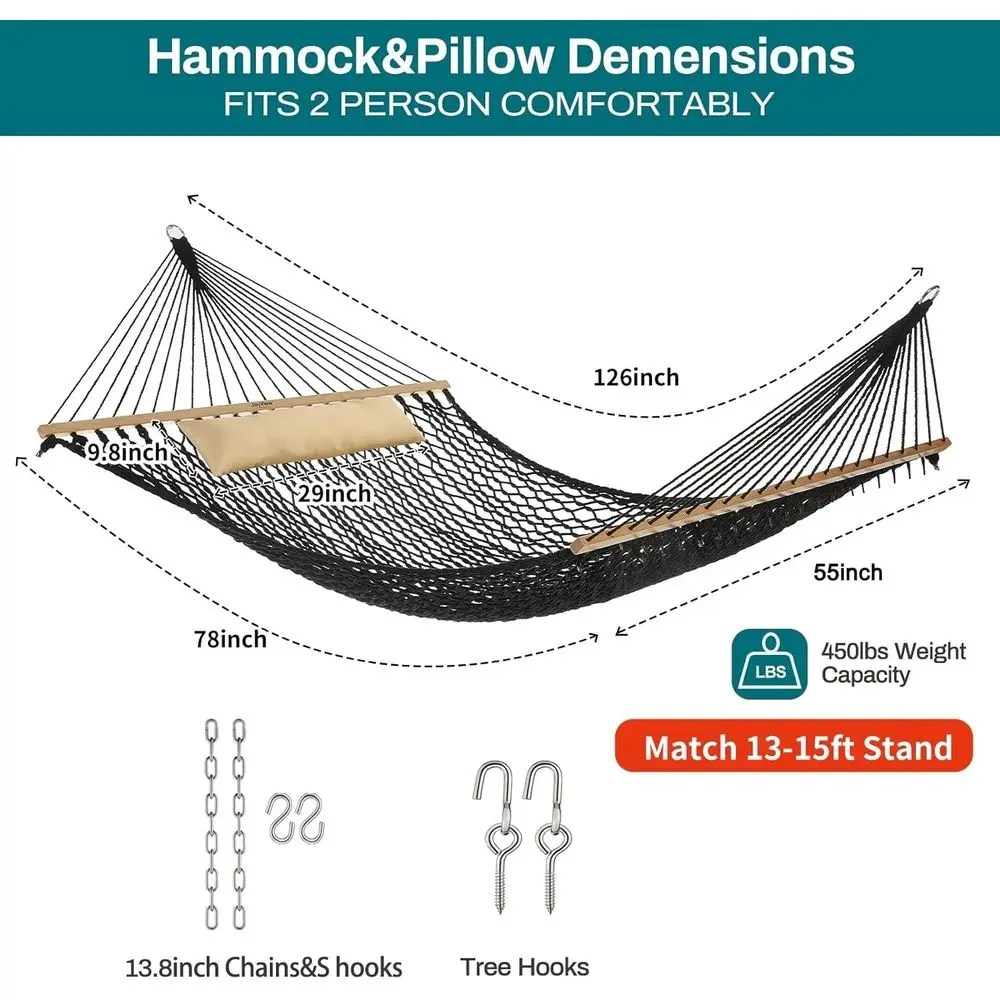 Amaca doppia in cotone con barra e cuscino in legno duro, capacità 450 libbre, adatta per uso esterno e interno, nera