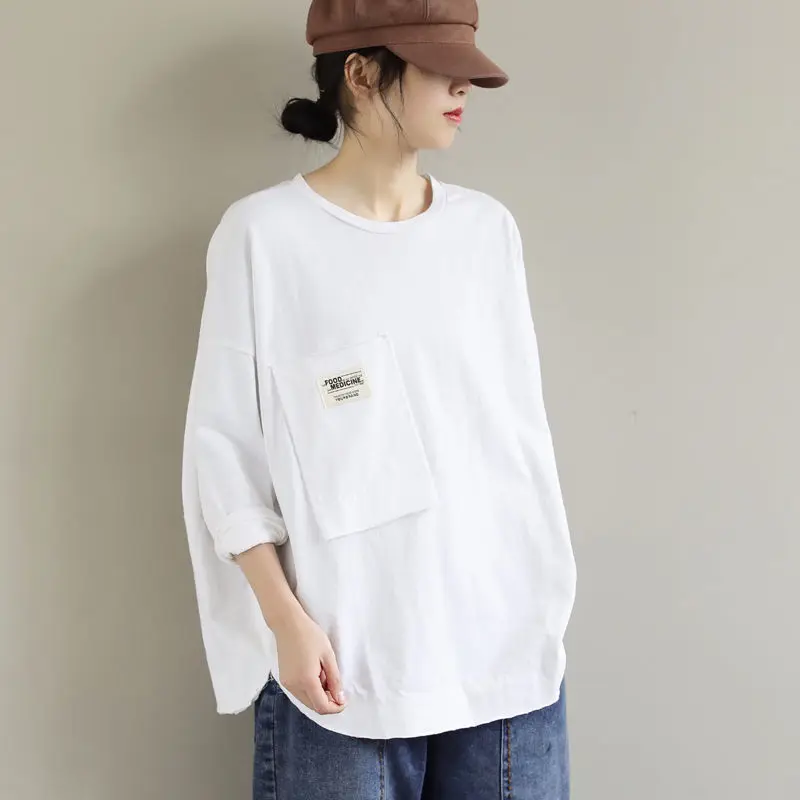 Solid T Shirts Korean Casual Loose Spring New Long Sleeve Pocket Patchwork Simplicity Tops Tees Vintage Fashion Women Clothing