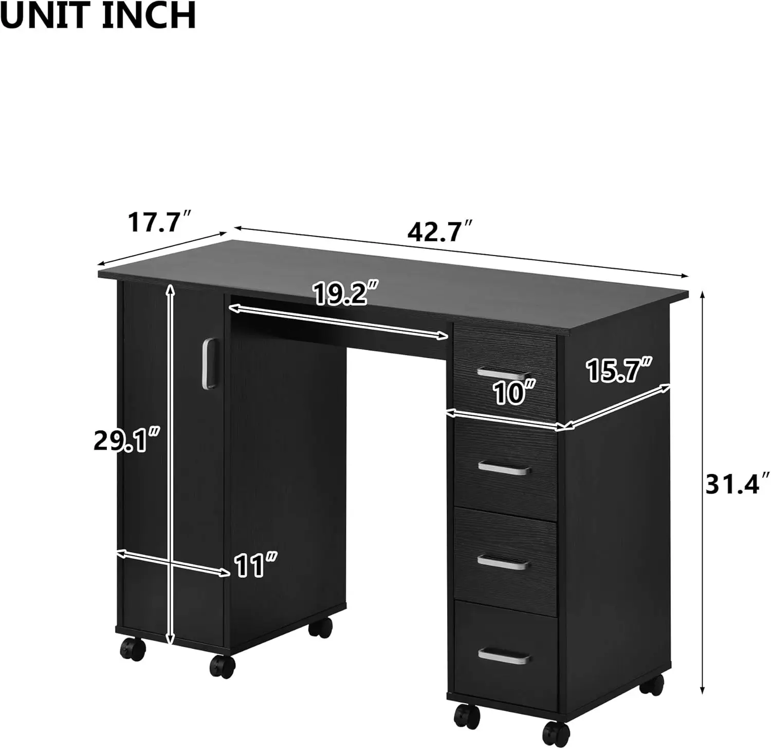 NEW Manicure Nail Desk for Technician, Wooden Salon Spa Nail Table Station w/Cabinet, Drawers, Controllable Wheels (Black)