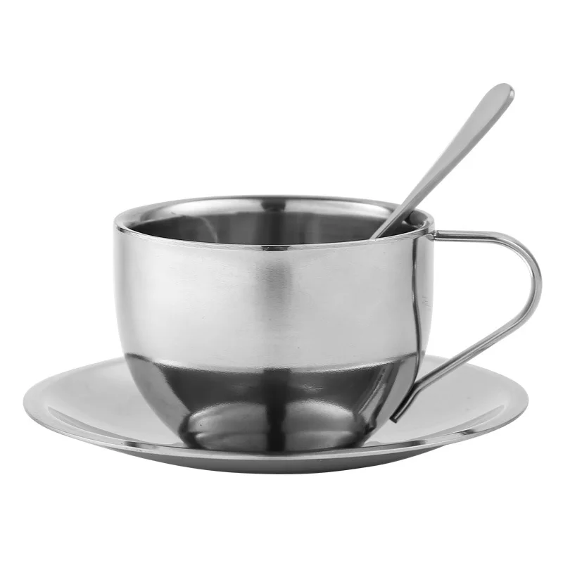 Stainless steel reusable ecological custom tea coffee cup tea saucer set with spoon