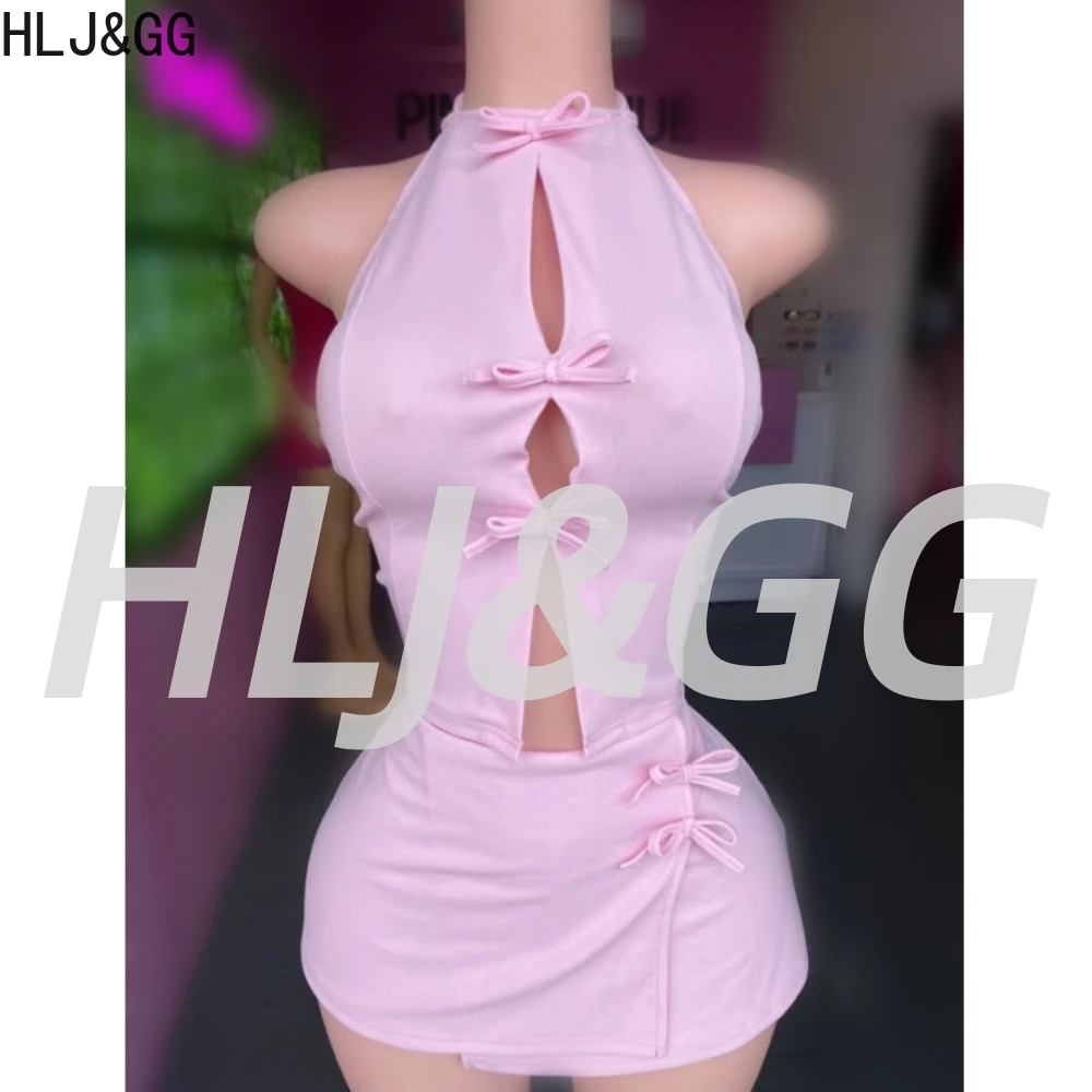 

HLJ&GG Sweet Fashion New Bow Mini Skirts Two Piece Sets Women V Neck Hollow Sleeveless Crop Top And Skirts Outfits Streetwear