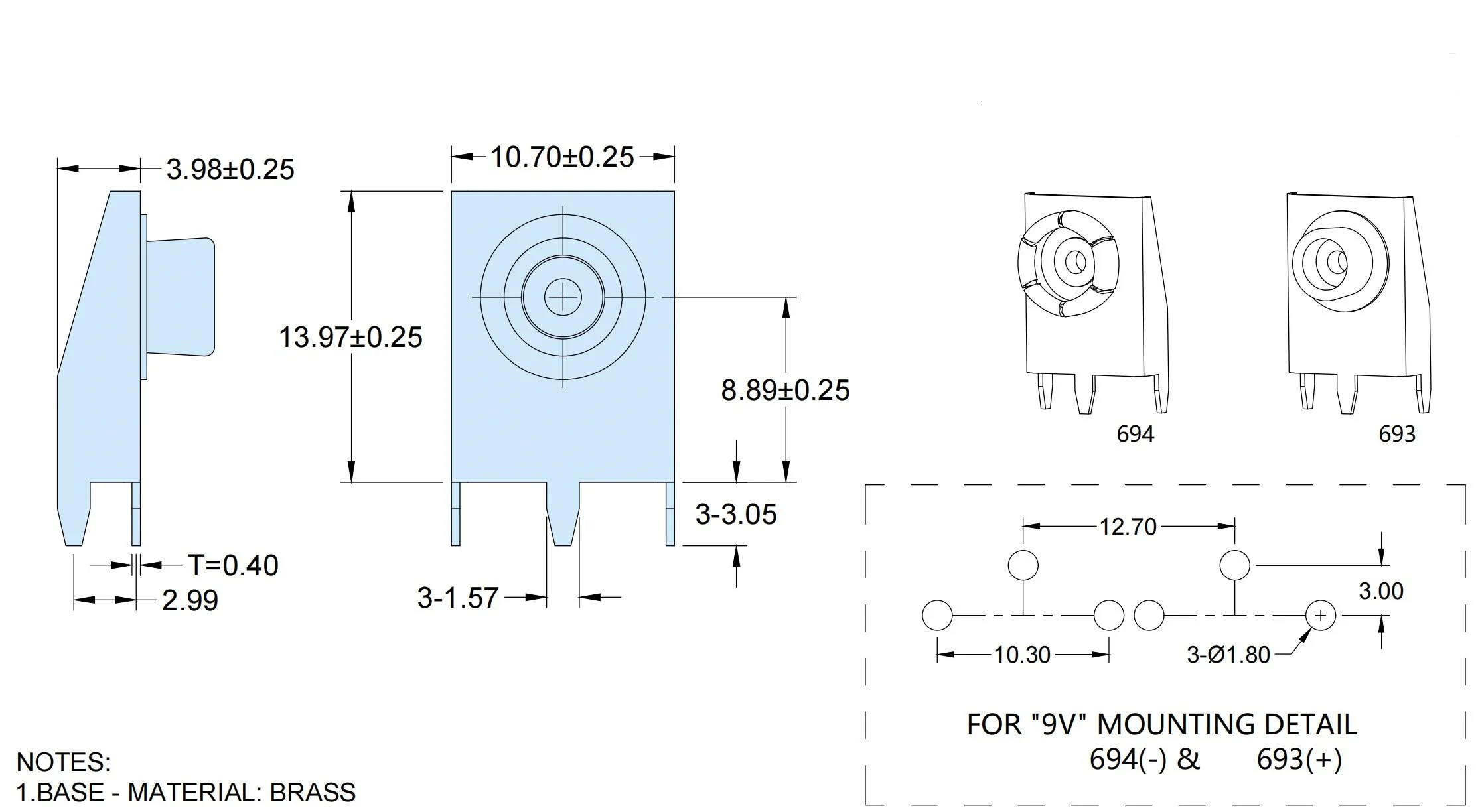 9 Volt Battery Contact on PCB Negative & Positive 9V Battery Contact 693, 694