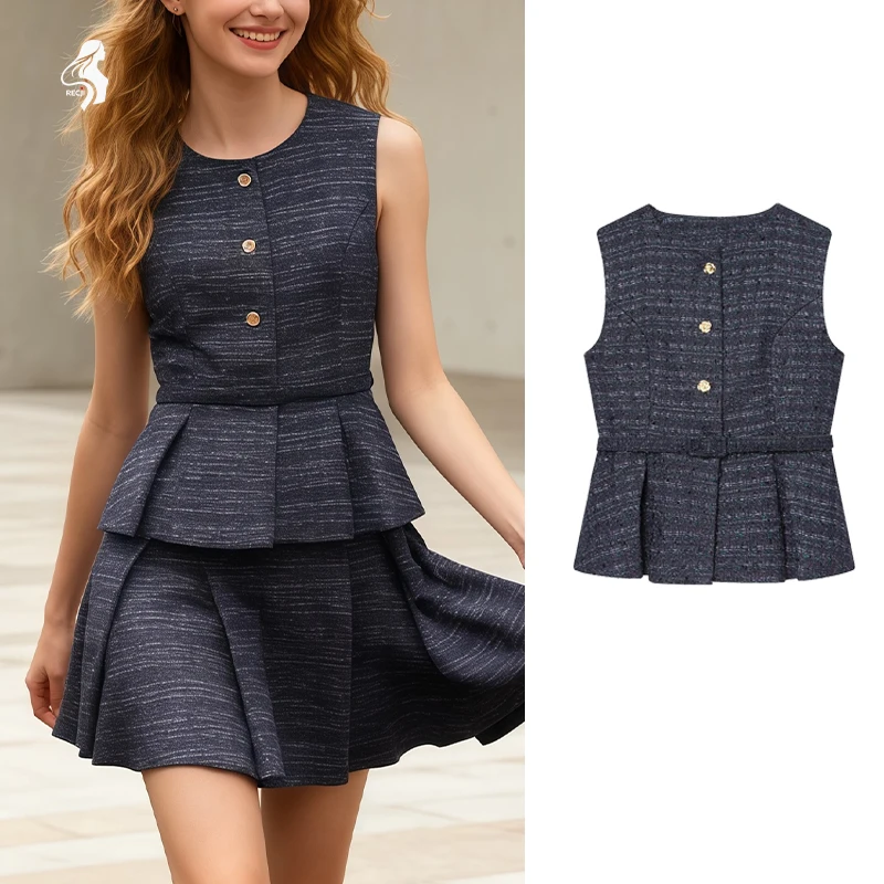 

Women's Tweed Peplum Vest - Navy Blue Sleeveless Waistcoat with Gold Button & Belted Design Elegant Office Layering Piece