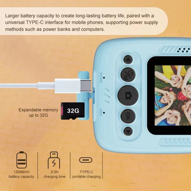 子供用インスタントプリントデジタルカメラセット,1080p,2.0インチ画面,ズーム,ビデオ,写真,誕生日,フェスティバルギフト,おもちゃ,子供用