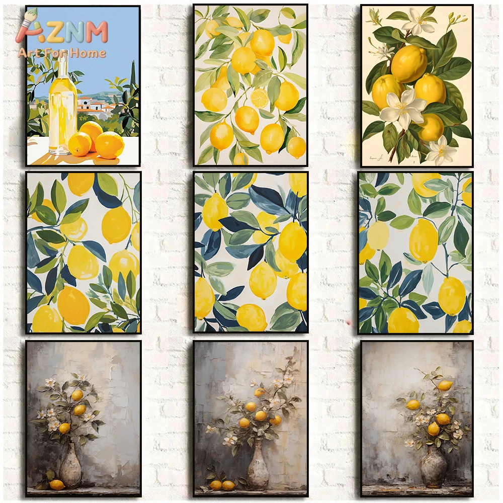 AZNM Fresh Lemon Branch Canvas Wall Art Yellow Citrus Fruit Floral Vase Mediterranean Oil Painting Print Unframed Canvas Kitchen