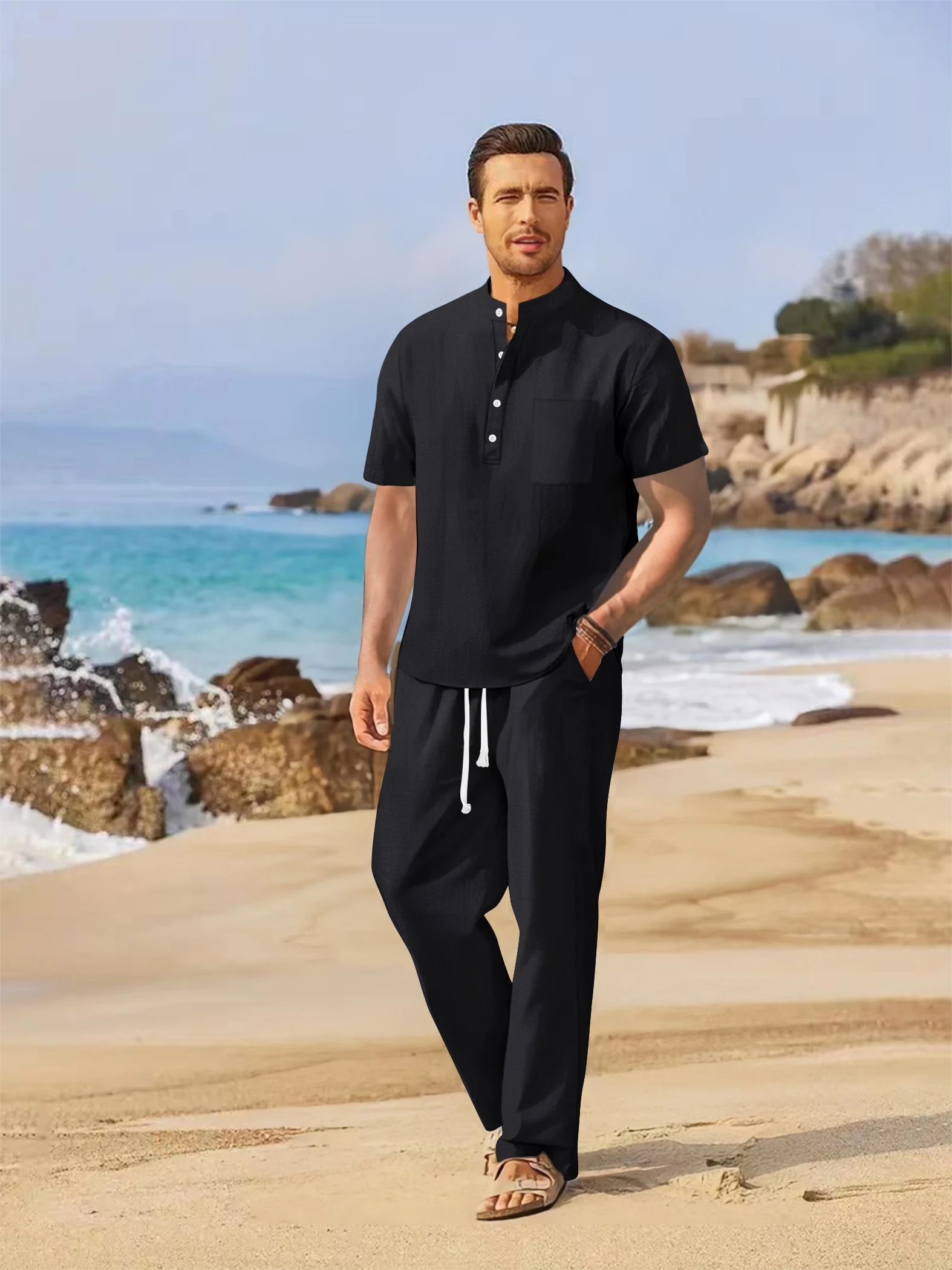 Set katun dan linen pria musim panas kemeja Henley kasual lengan pendek + celana kaki lurus longgar set dua potong warna solid