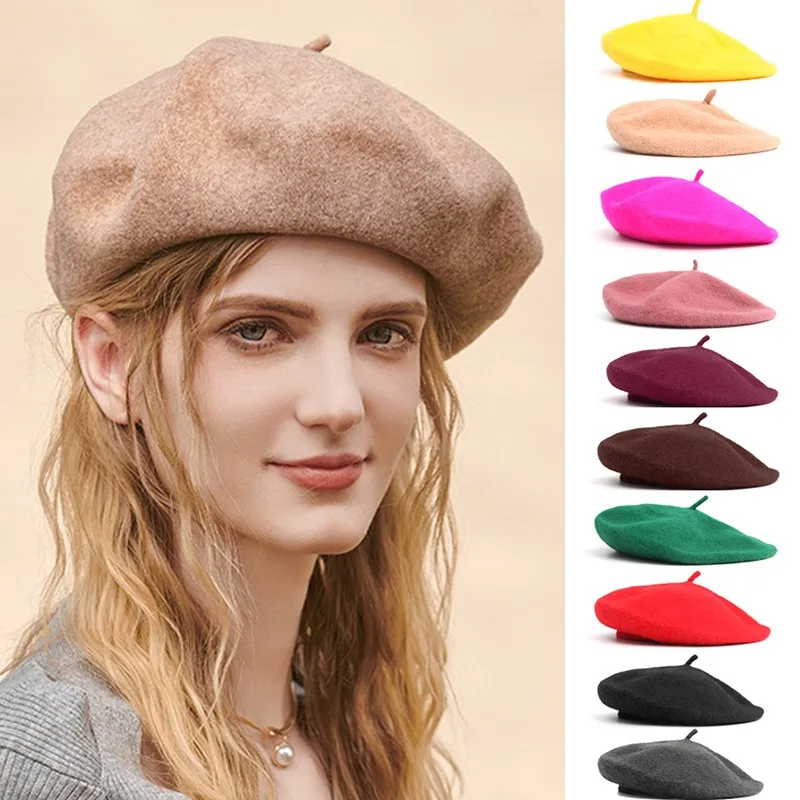 Winter Vintage Warm Wool Plain Beret for Women\'s Girls Artist Fashion Casual Solid Black Red Beanie Hat Caps Boinas Para Mujer