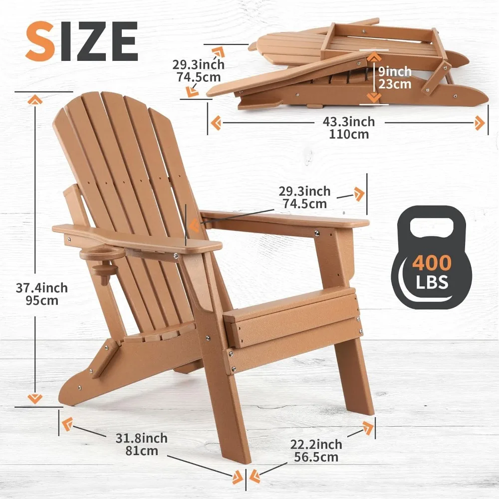 Folding Adirondack Chair (set of 2), Firepit Chair, Plastic Chair, Weatherproof Chair with Cup Holder, Composite Chair, Brown