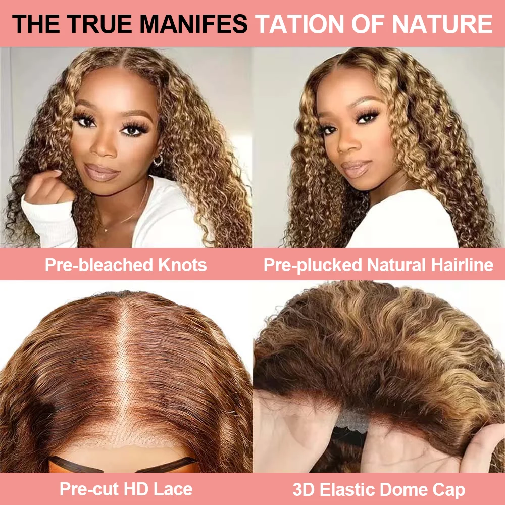 Highlight Ombre Curly 13x6 HD Lace Front Human Hair Wig 4/27 Brown Colored Glueless 7x5 Loose Deep Wave Lace Frontal Wig 250%