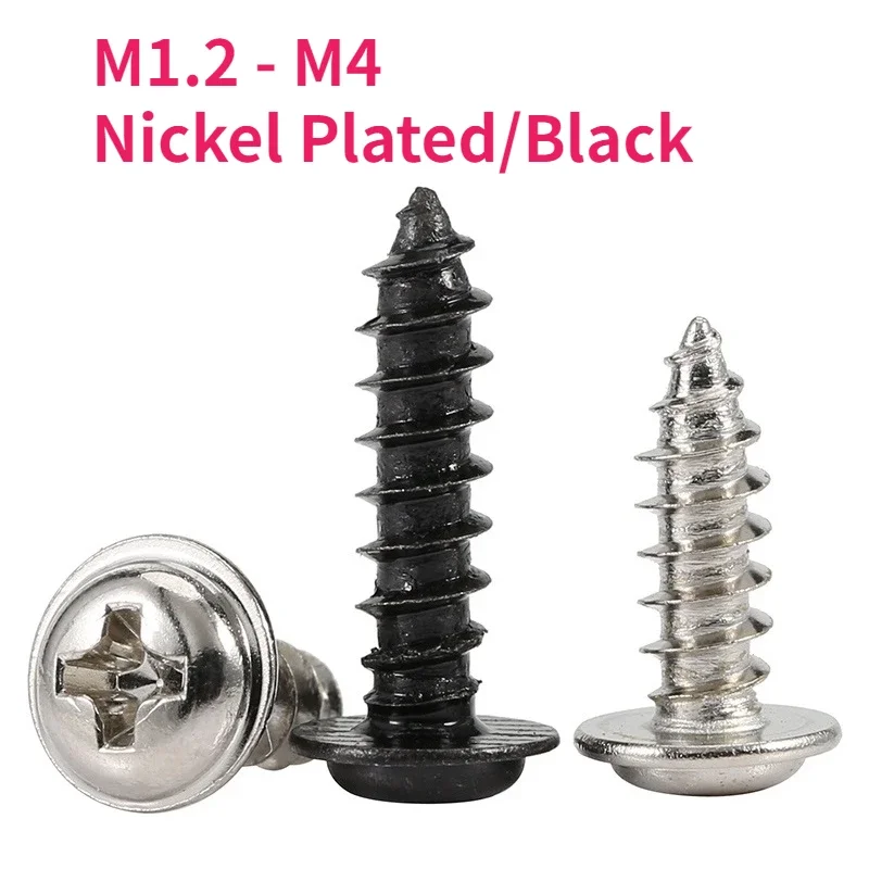

M1.2 M1.4 M1.7 M2 M2.3 M2.6 M3 M4 Nickel Plated/Black Carbon Steel Cross Round Pan Head with Washer Pad Self Tapping Wood Screws