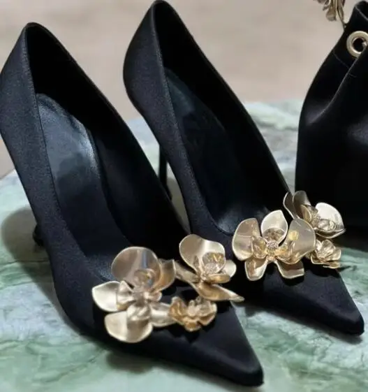 

Moraima Snc Fashion Gold Flower Decorations High Heel Shoes Women Pointed Toe Stiletto Pumps Sexy Wedding Heels