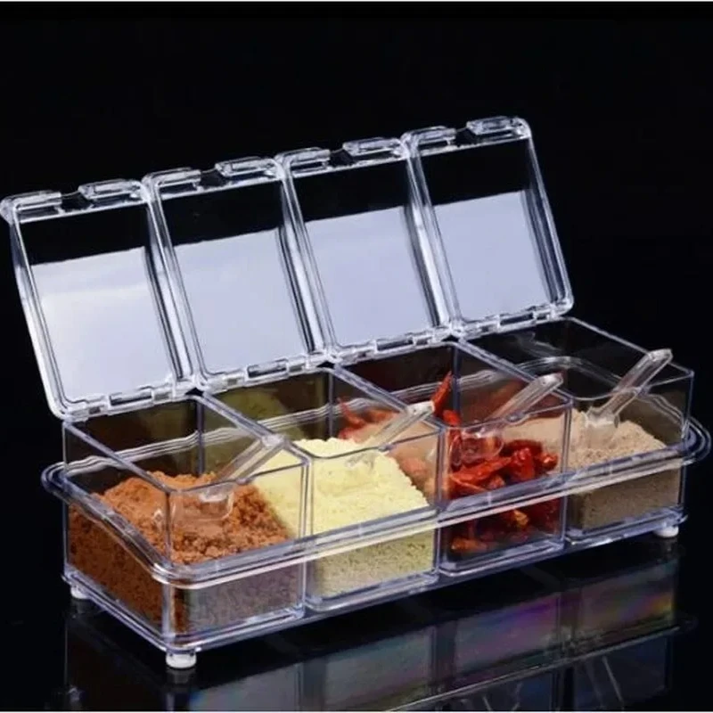 4pcs/lot Clear Spice Container Set, Transparent Seasoning Box with Lids & Spoons, Kitchen Organizer