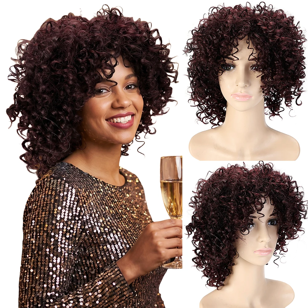 

Women Burgundy Short Afro Kinky Curly Wig Synthetic Natural Heat Resistant Full Wig Daily Party Cosplay Hair Accessories