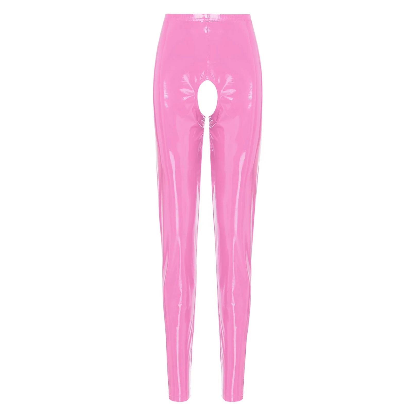 Women Sexy Patent Leather Skinny Pants Glossy Wet Look Elastic Waistband Cutout Crotch Leggings Erotic Long Pants High Waist