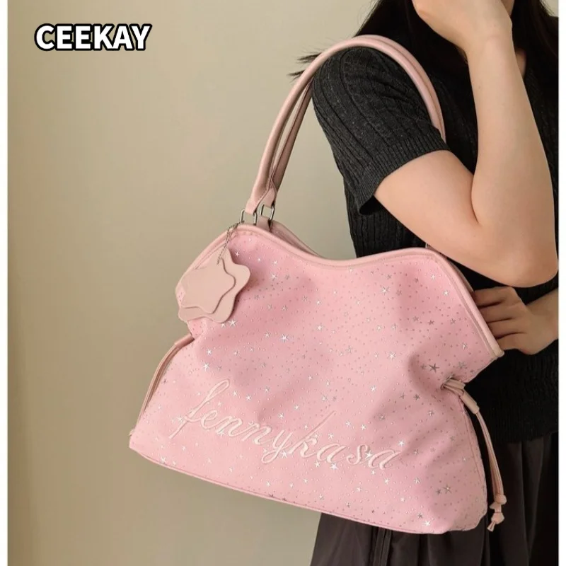 Damen Rosa Canvas-Tragetasche mit Stern- und Buchstaben-Stickerei, Große Schultertasche für Arbeit, Reisen und Tägliche Aufgaben