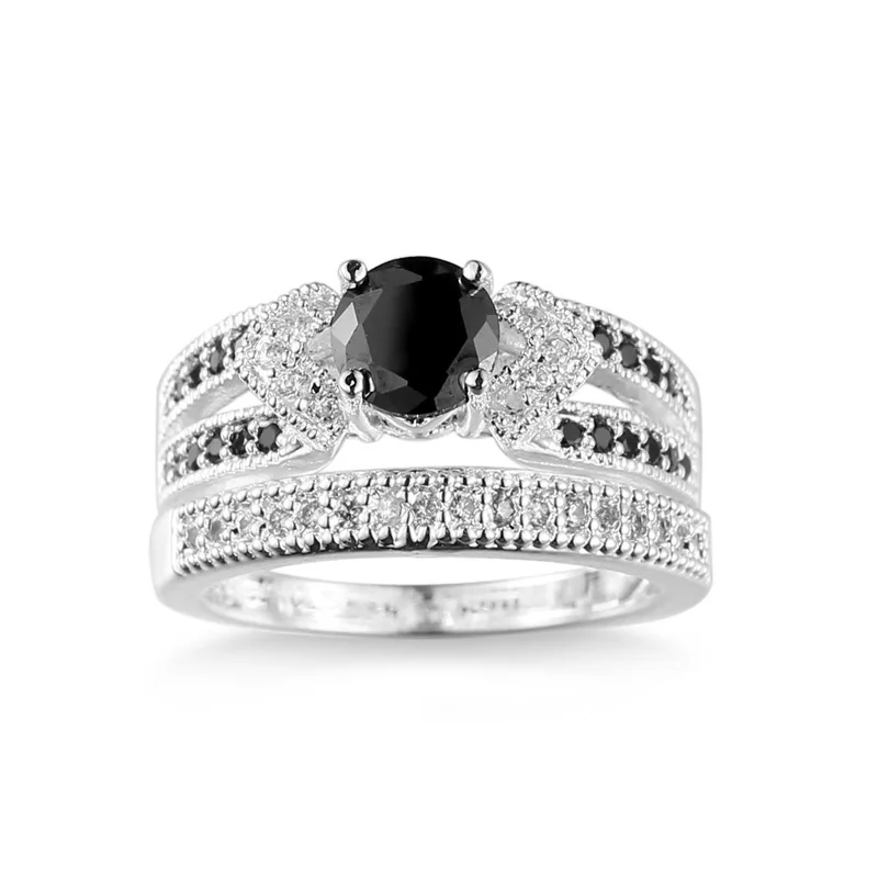 Fashion Black Zircon Couple Rings Set Sterling Silver Color Wedding Rings For Women And Men 1 Pair Engagement Ring Set Jewelry