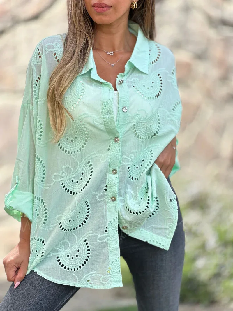 

Autumn Fashion Women's Solid Color Hollow Flower Shirts Single Breasted Flip Collar Loose Long Sleeved Street New Shirt Women