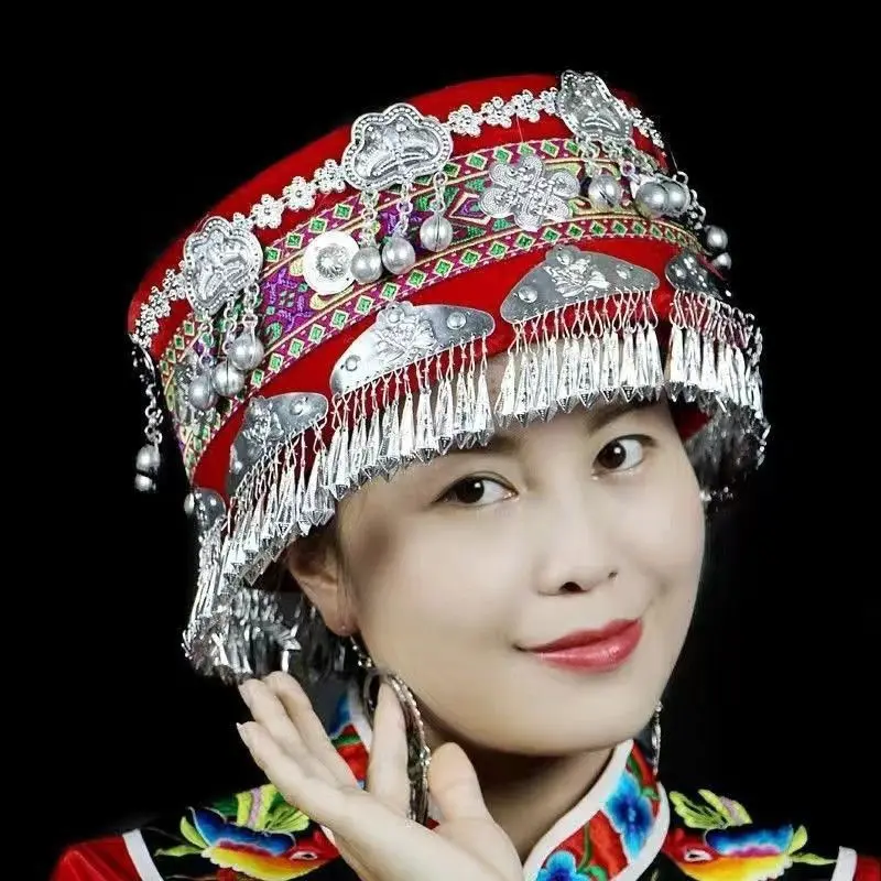 

Red Blue Black Miao Hmong Cap Silver Tassel Hats For Women Pohotography Accessories Headdress Ethnic Minority Dance Headwear