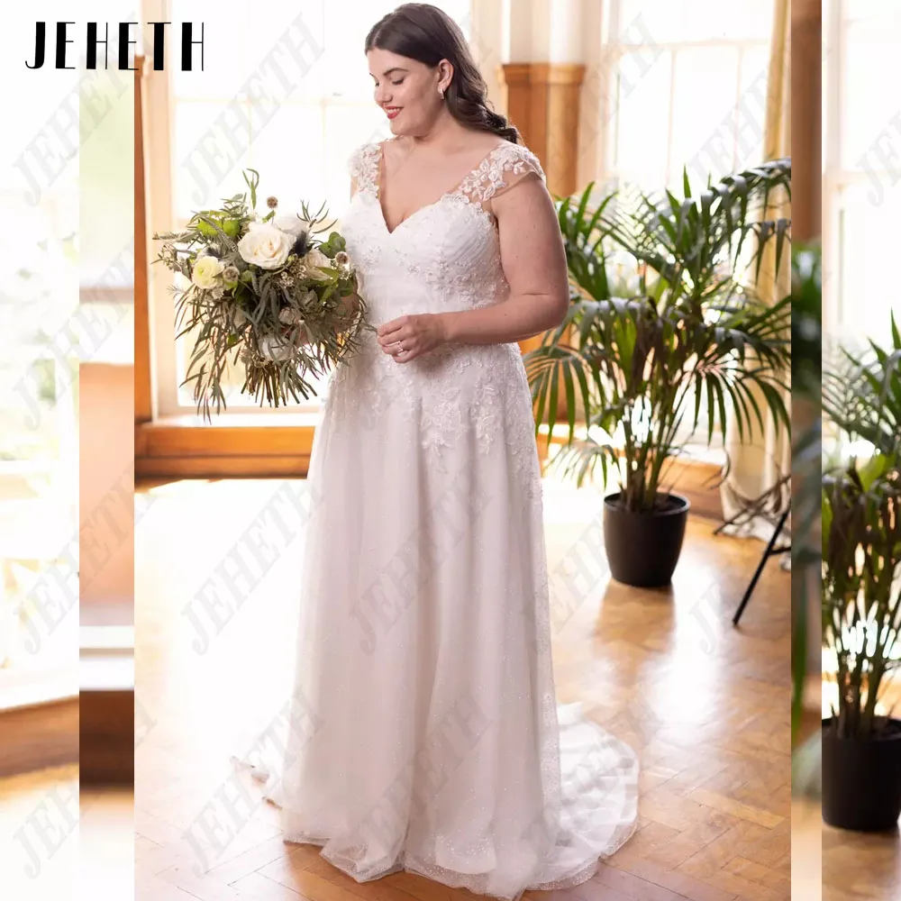 JEHETH Princess Cap Sleeves Wedding Dresses Plus Size For Woman Double V-Neck Bride Gowns A-Line Applique Robe De Mariee