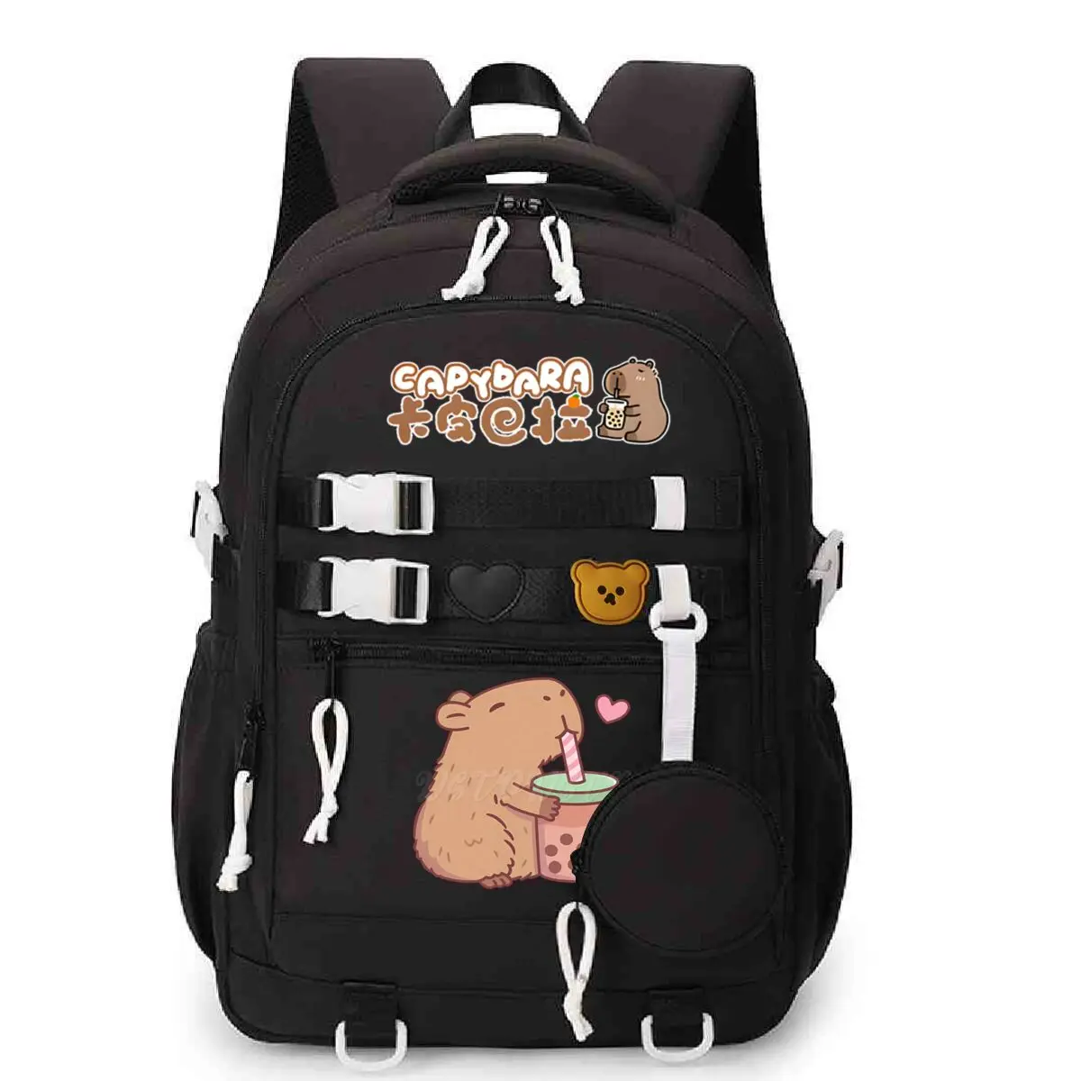 Cute Cartoon Capybara Bubble Tea Graphic School Backpacks for Women Girls Laptop Computer Bag Teenager Capybara Lovers Schoolbag