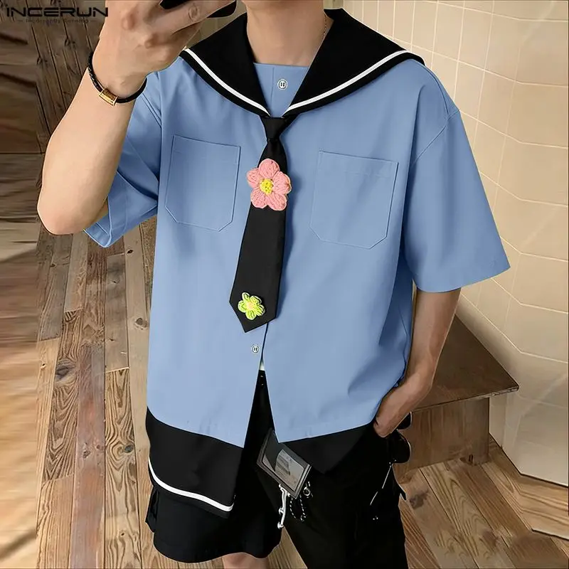 Incerun camisa masculina retalhos gola marinha manga curta solta roupas masculinas com gravata streetwear cor-bloco moda casual masculino topos