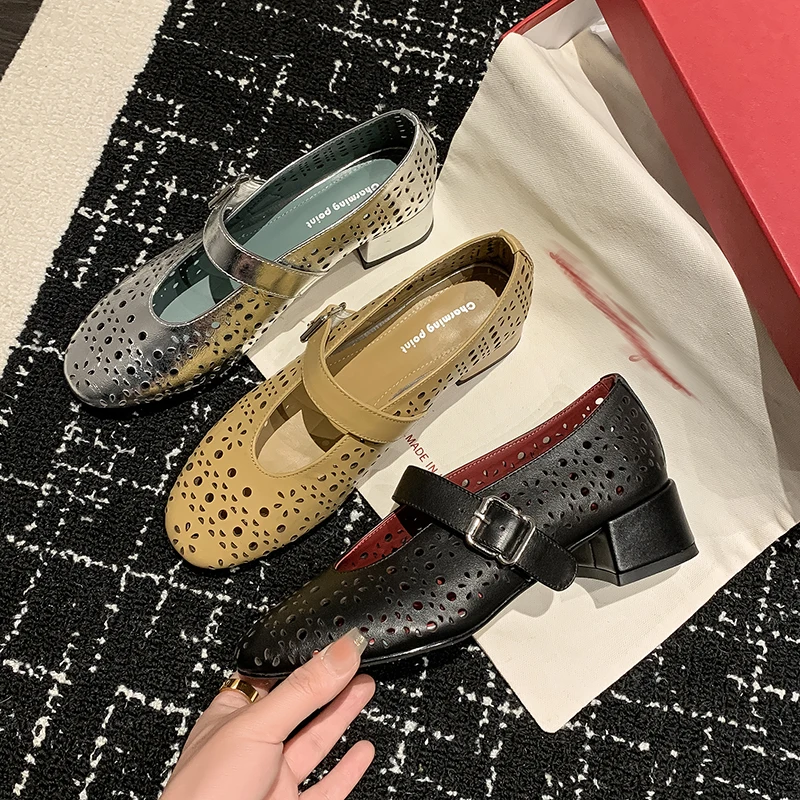 

Fashion Women Elegant Sandals Hollow out Pumps Genuine Leather Summer Casual High Heels Mary Jane Shoes Party Dress Size 34-40