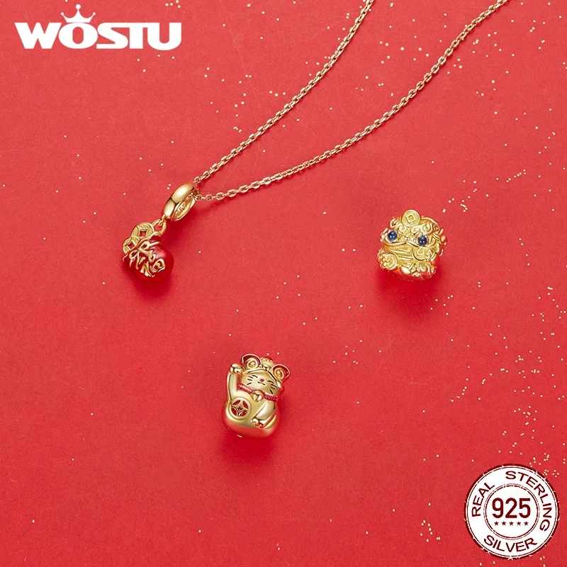 WOSTU 925 Sterling Silver Red Fortune Charms 18K Gold Lucky Pendant Cat Pawprint Beads Original for Women Bracelet New Year Gift