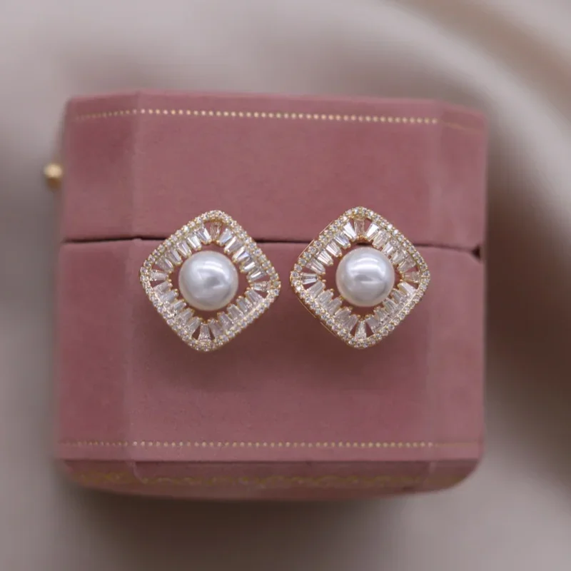 Korean new design fashion jewelry 14K gold plated luxury zircon square pearl earrings elegant women's daily work accessories