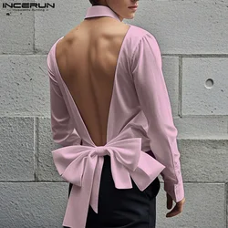 INCERUN Handsome Men's Tops Fashion Bowknot Condensation Back Shirts Casual Streetwear Male Solid Long Sleeved Blouse S-5XL 2025