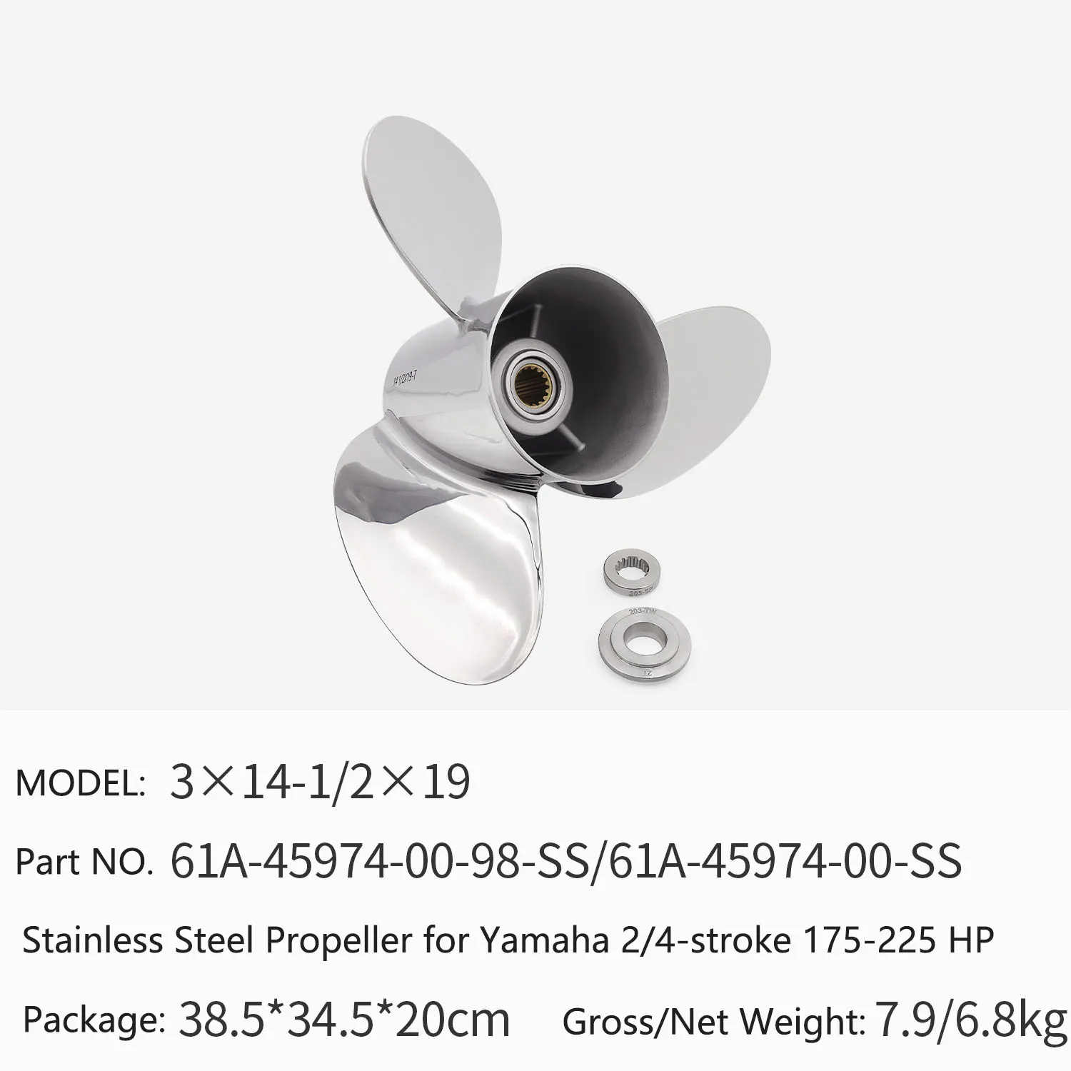 Outboard Motor Stainless Steel Propeller for Yamaha 2-stroke 4-stroke 175-225 HP 14 1/2X19 61A-45974-00-SS 3X14 1/2X19