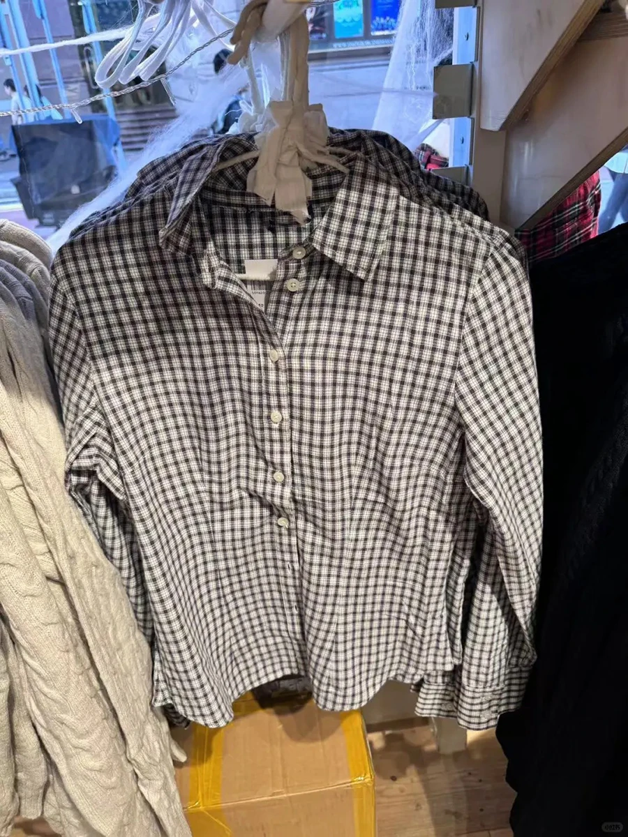 

Повседневные клетчатые пуговицы, тонкая блузка, футболки, женские футболки с отложным воротником и длинными рукавами, милые укороченные топы Y2K для девочек в консервативном стиле